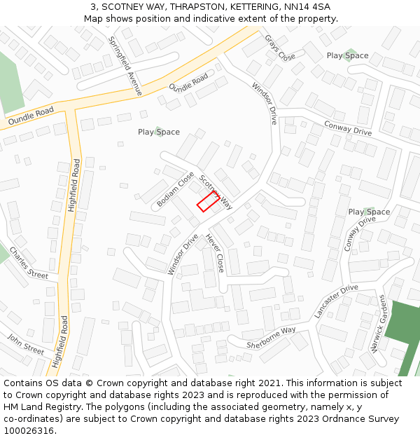 3, SCOTNEY WAY, THRAPSTON, KETTERING, NN14 4SA: Location map and indicative extent of plot
