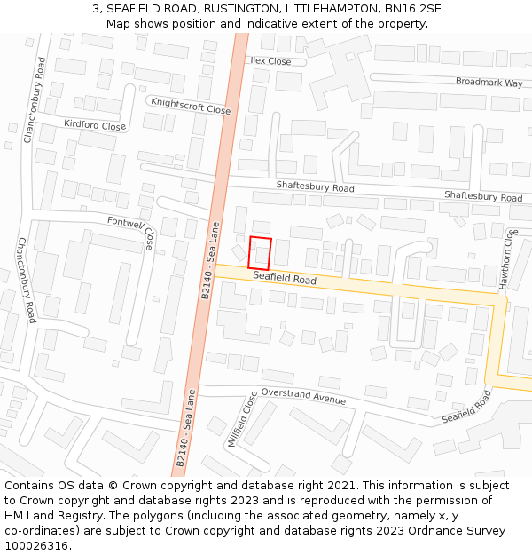 3, SEAFIELD ROAD, RUSTINGTON, LITTLEHAMPTON, BN16 2SE: Location map and indicative extent of plot