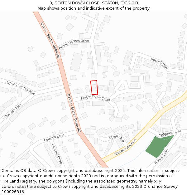 3, SEATON DOWN CLOSE, SEATON, EX12 2JB: Location map and indicative extent of plot