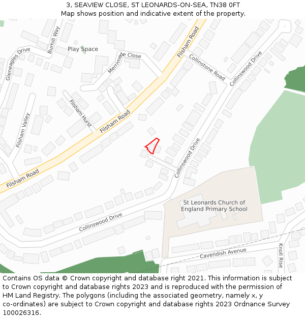 3, SEAVIEW CLOSE, ST LEONARDS-ON-SEA, TN38 0FT: Location map and indicative extent of plot