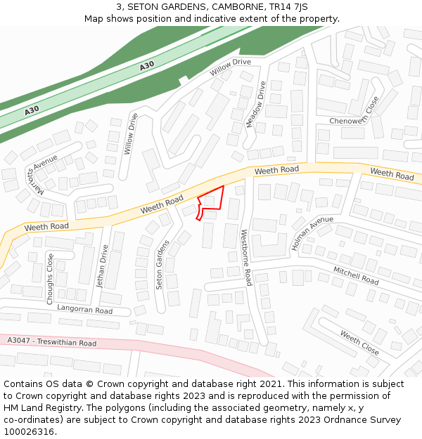 3, SETON GARDENS, CAMBORNE, TR14 7JS: Location map and indicative extent of plot