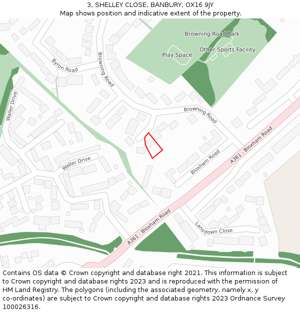 3, SHELLEY CLOSE, BANBURY, OX16 9JY: Location map and indicative extent of plot