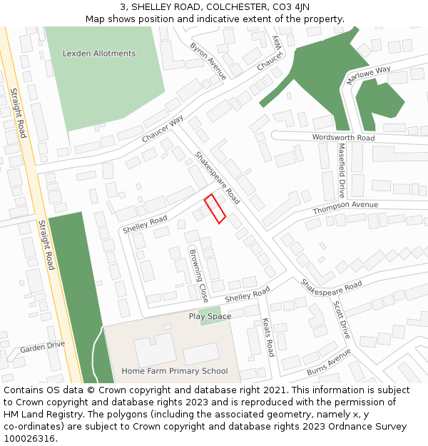 3, SHELLEY ROAD, COLCHESTER, CO3 4JN: Location map and indicative extent of plot