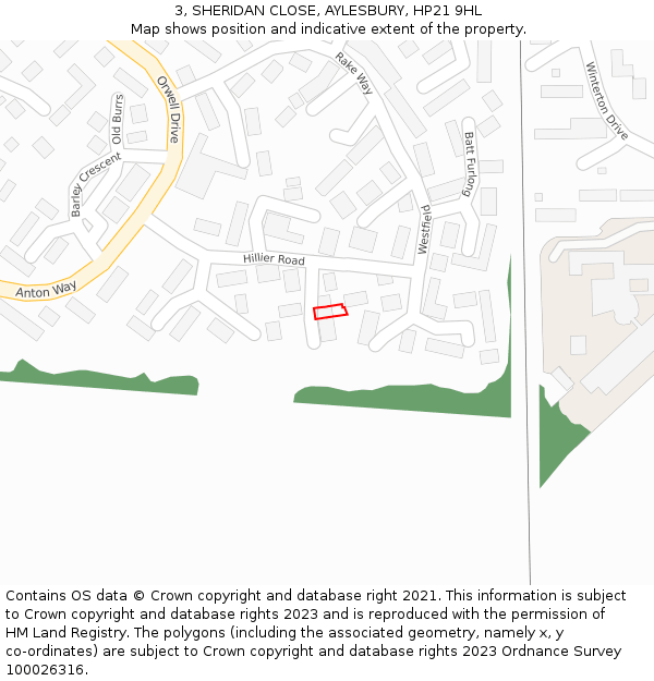 3, SHERIDAN CLOSE, AYLESBURY, HP21 9HL: Location map and indicative extent of plot