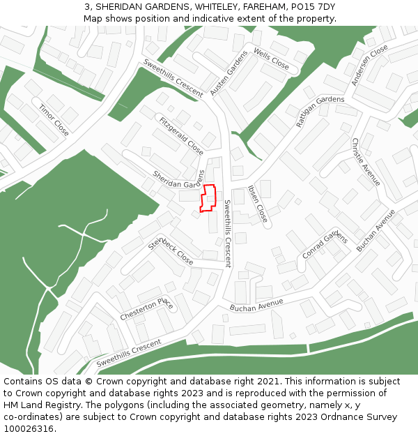3, SHERIDAN GARDENS, WHITELEY, FAREHAM, PO15 7DY: Location map and indicative extent of plot