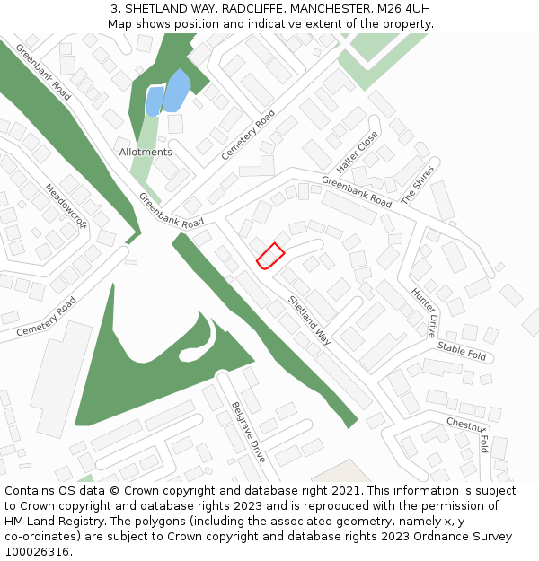 3, SHETLAND WAY, RADCLIFFE, MANCHESTER, M26 4UH: Location map and indicative extent of plot