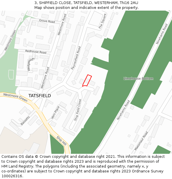 3, SHIPFIELD CLOSE, TATSFIELD, WESTERHAM, TN16 2AU: Location map and indicative extent of plot