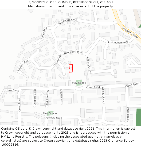 3, SONDES CLOSE, OUNDLE, PETERBOROUGH, PE8 4QH: Location map and indicative extent of plot