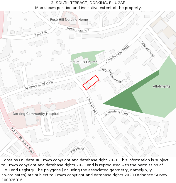 3, SOUTH TERRACE, DORKING, RH4 2AB: Location map and indicative extent of plot