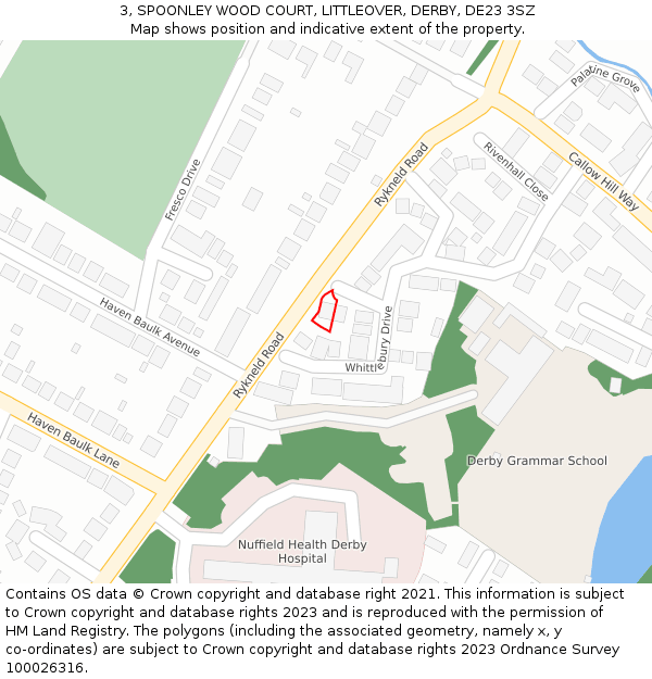 3, SPOONLEY WOOD COURT, LITTLEOVER, DERBY, DE23 3SZ: Location map and indicative extent of plot