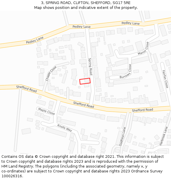 3, SPRING ROAD, CLIFTON, SHEFFORD, SG17 5RE: Location map and indicative extent of plot