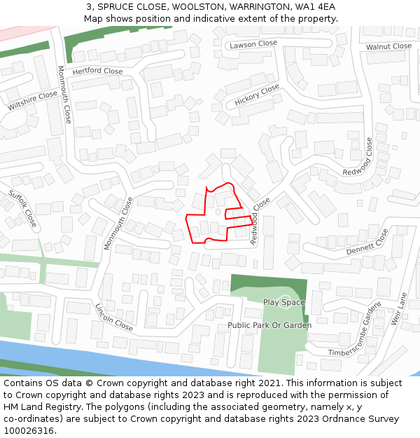 3, SPRUCE CLOSE, WOOLSTON, WARRINGTON, WA1 4EA: Location map and indicative extent of plot