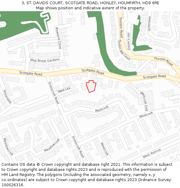3, ST. DAVIDS COURT, SCOTGATE ROAD, HONLEY, HOLMFIRTH, HD9 6RE: Location map and indicative extent of plot