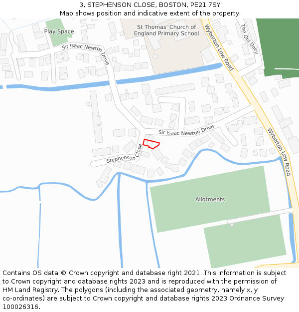 3, STEPHENSON CLOSE, BOSTON, PE21 7SY: Location map and indicative extent of plot