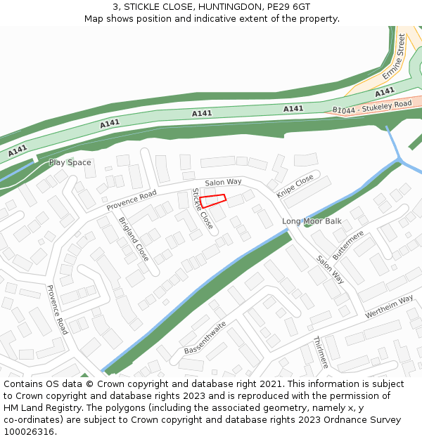 3, STICKLE CLOSE, HUNTINGDON, PE29 6GT: Location map and indicative extent of plot
