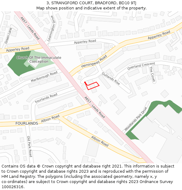 3, STRANGFORD COURT, BRADFORD, BD10 9TJ: Location map and indicative extent of plot