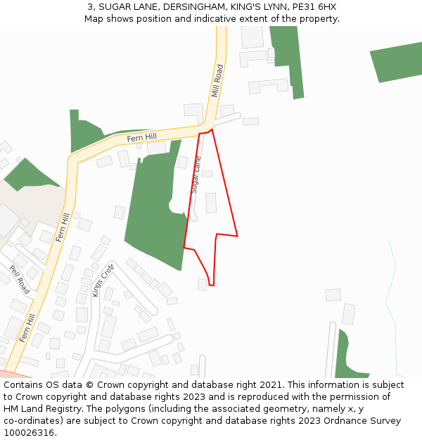 3, SUGAR LANE, DERSINGHAM, KING'S LYNN, PE31 6HX: Location map and indicative extent of plot