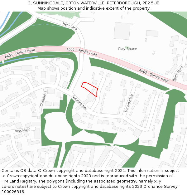 3, SUNNINGDALE, ORTON WATERVILLE, PETERBOROUGH, PE2 5UB: Location map and indicative extent of plot