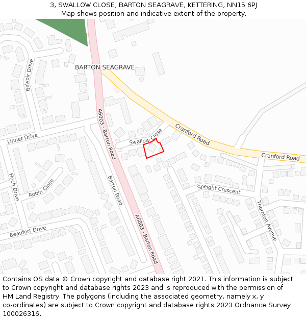 3, SWALLOW CLOSE, BARTON SEAGRAVE, KETTERING, NN15 6PJ: Location map and indicative extent of plot
