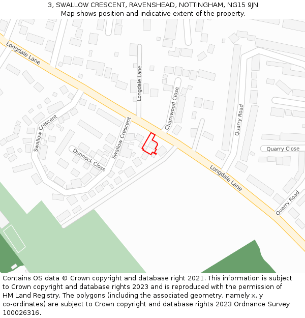 3, SWALLOW CRESCENT, RAVENSHEAD, NOTTINGHAM, NG15 9JN: Location map and indicative extent of plot