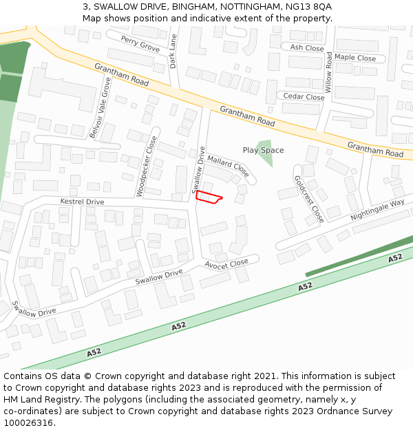 3, SWALLOW DRIVE, BINGHAM, NOTTINGHAM, NG13 8QA: Location map and indicative extent of plot
