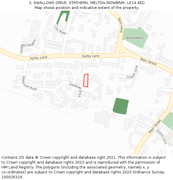 3, SWALLOWS DRIVE, STATHERN, MELTON MOWBRAY, LE14 4ED: Location map and indicative extent of plot