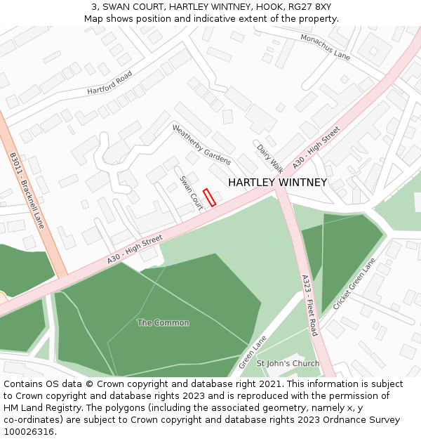3, SWAN COURT, HARTLEY WINTNEY, HOOK, RG27 8XY: Location map and indicative extent of plot