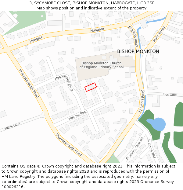 3, SYCAMORE CLOSE, BISHOP MONKTON, HARROGATE, HG3 3SP: Location map and indicative extent of plot