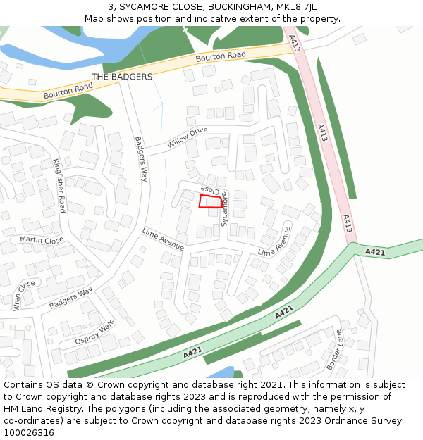 3, SYCAMORE CLOSE, BUCKINGHAM, MK18 7JL: Location map and indicative extent of plot