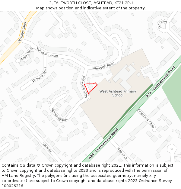 3, TALEWORTH CLOSE, ASHTEAD, KT21 2PU: Location map and indicative extent of plot