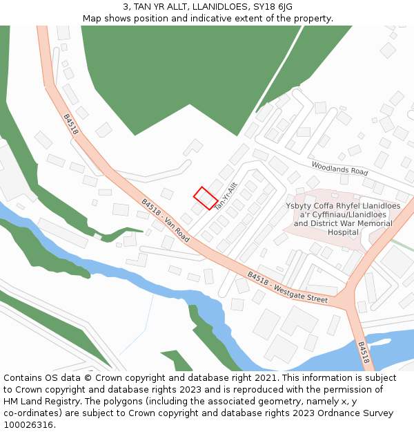 3, TAN YR ALLT, LLANIDLOES, SY18 6JG: Location map and indicative extent of plot