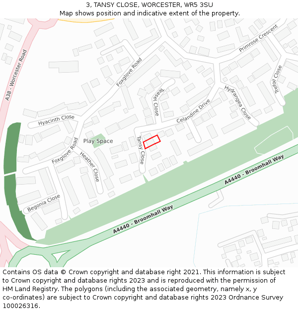 3, TANSY CLOSE, WORCESTER, WR5 3SU: Location map and indicative extent of plot