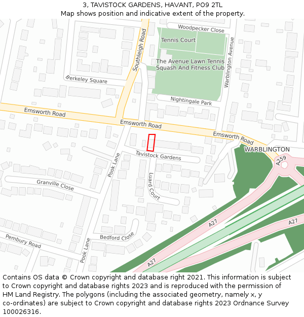 3, TAVISTOCK GARDENS, HAVANT, PO9 2TL: Location map and indicative extent of plot