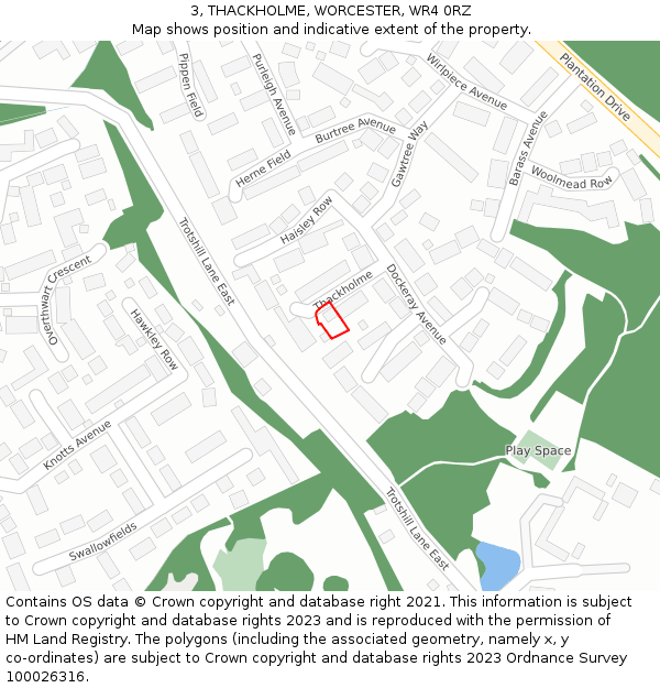 3, THACKHOLME, WORCESTER, WR4 0RZ: Location map and indicative extent of plot