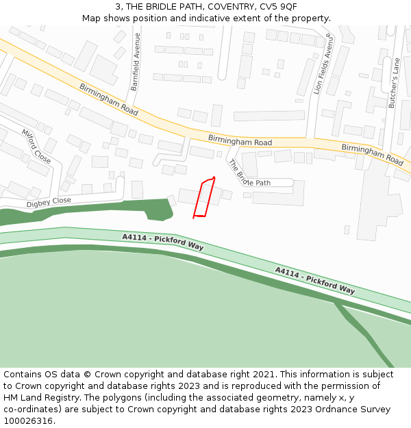3, THE BRIDLE PATH, COVENTRY, CV5 9QF: Location map and indicative extent of plot