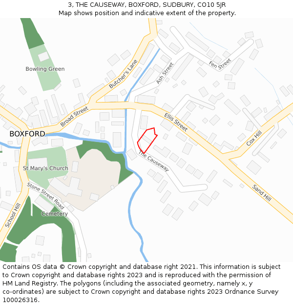 3, THE CAUSEWAY, BOXFORD, SUDBURY, CO10 5JR: Location map and indicative extent of plot