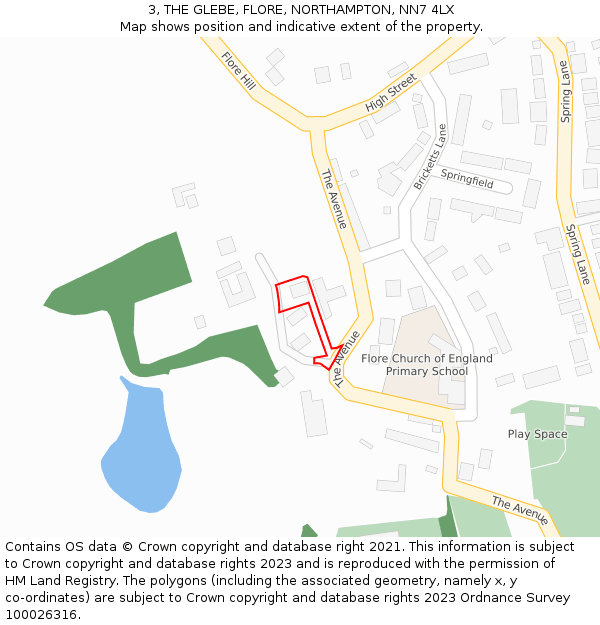3, THE GLEBE, FLORE, NORTHAMPTON, NN7 4LX: Location map and indicative extent of plot