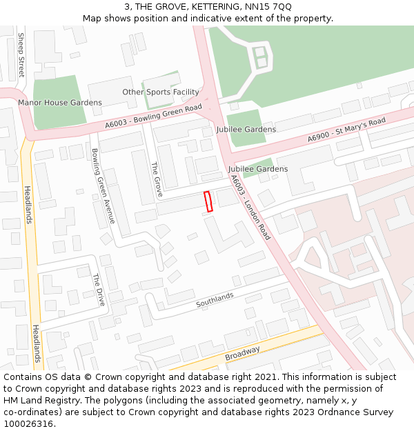 3, THE GROVE, KETTERING, NN15 7QQ: Location map and indicative extent of plot
