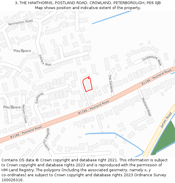 3, THE HAWTHORNS, POSTLAND ROAD, CROWLAND, PETERBOROUGH, PE6 0JB: Location map and indicative extent of plot