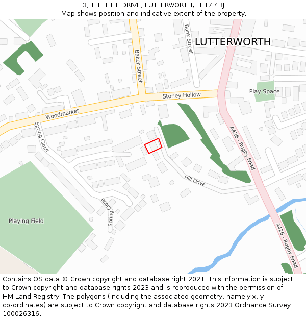 3, THE HILL DRIVE, LUTTERWORTH, LE17 4BJ: Location map and indicative extent of plot