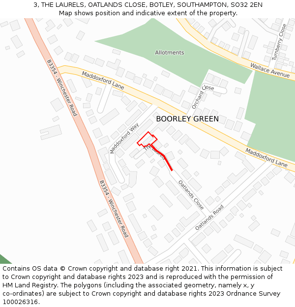 3, THE LAURELS, OATLANDS CLOSE, BOTLEY, SOUTHAMPTON, SO32 2EN: Location map and indicative extent of plot