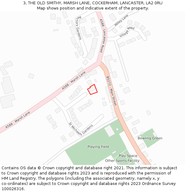 3, THE OLD SMITHY, MARSH LANE, COCKERHAM, LANCASTER, LA2 0RU: Location map and indicative extent of plot