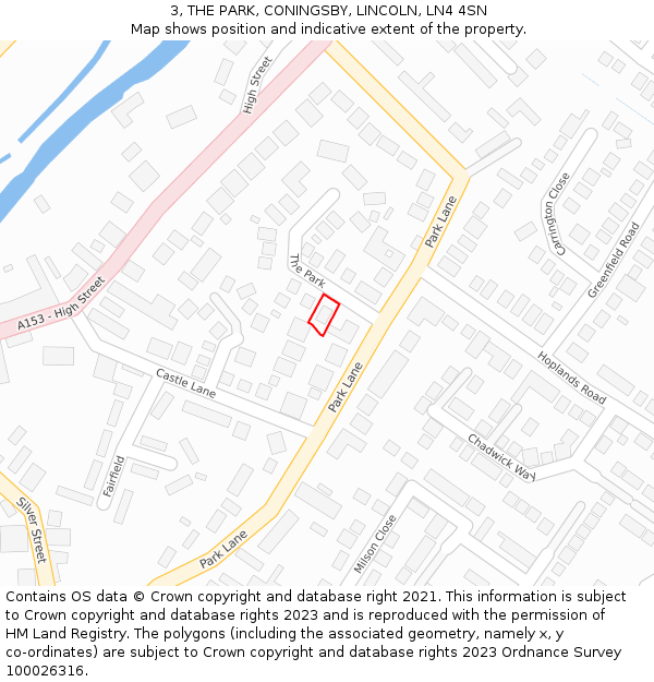 3, THE PARK, CONINGSBY, LINCOLN, LN4 4SN: Location map and indicative extent of plot