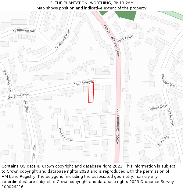 3, THE PLANTATION, WORTHING, BN13 2AA: Location map and indicative extent of plot