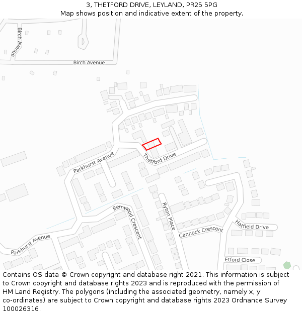 3, THETFORD DRIVE, LEYLAND, PR25 5PG: Location map and indicative extent of plot