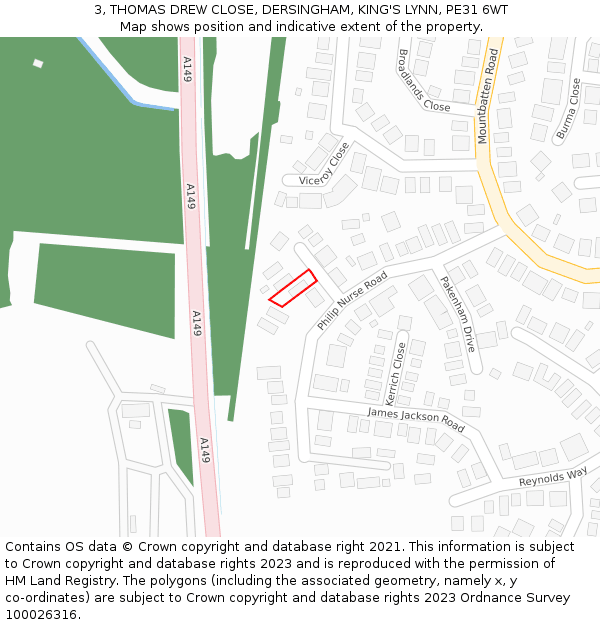 3, THOMAS DREW CLOSE, DERSINGHAM, KING'S LYNN, PE31 6WT: Location map and indicative extent of plot