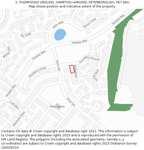 3, THOMPSONS GROUND, HAMPTON HARGATE, PETERBOROUGH, PE7 8AU: Location map and indicative extent of plot
