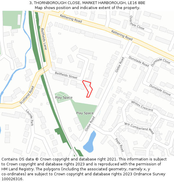 3, THORNBOROUGH CLOSE, MARKET HARBOROUGH, LE16 8BE: Location map and indicative extent of plot