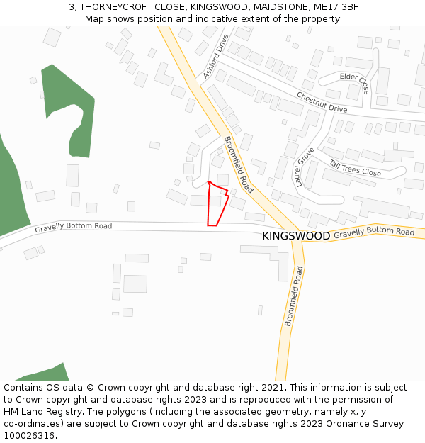 3, THORNEYCROFT CLOSE, KINGSWOOD, MAIDSTONE, ME17 3BF: Location map and indicative extent of plot