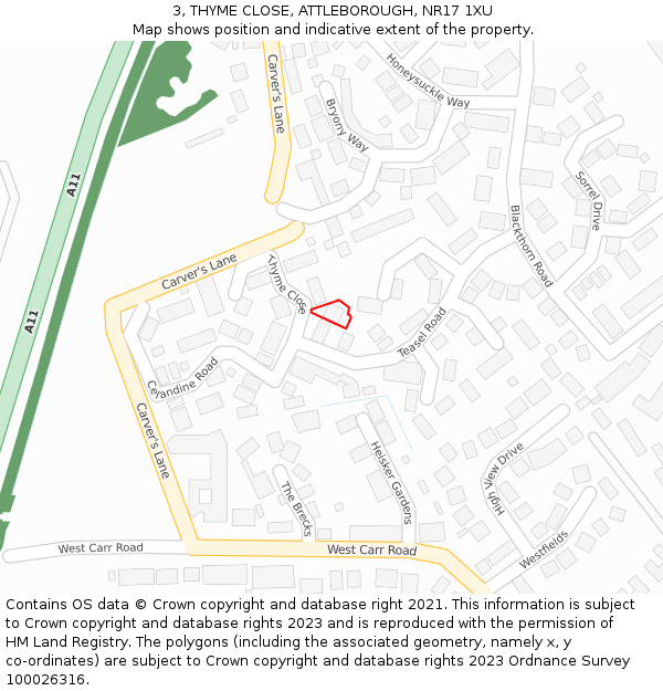 3, THYME CLOSE, ATTLEBOROUGH, NR17 1XU: Location map and indicative extent of plot